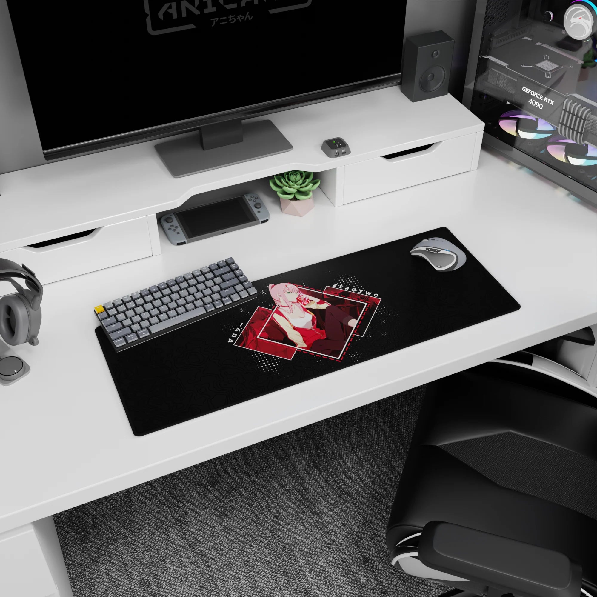 Anime mouse pad 32x12 inches featuring Zero Two from Darling in the Franxx, with vibrant reds and pop-art style.