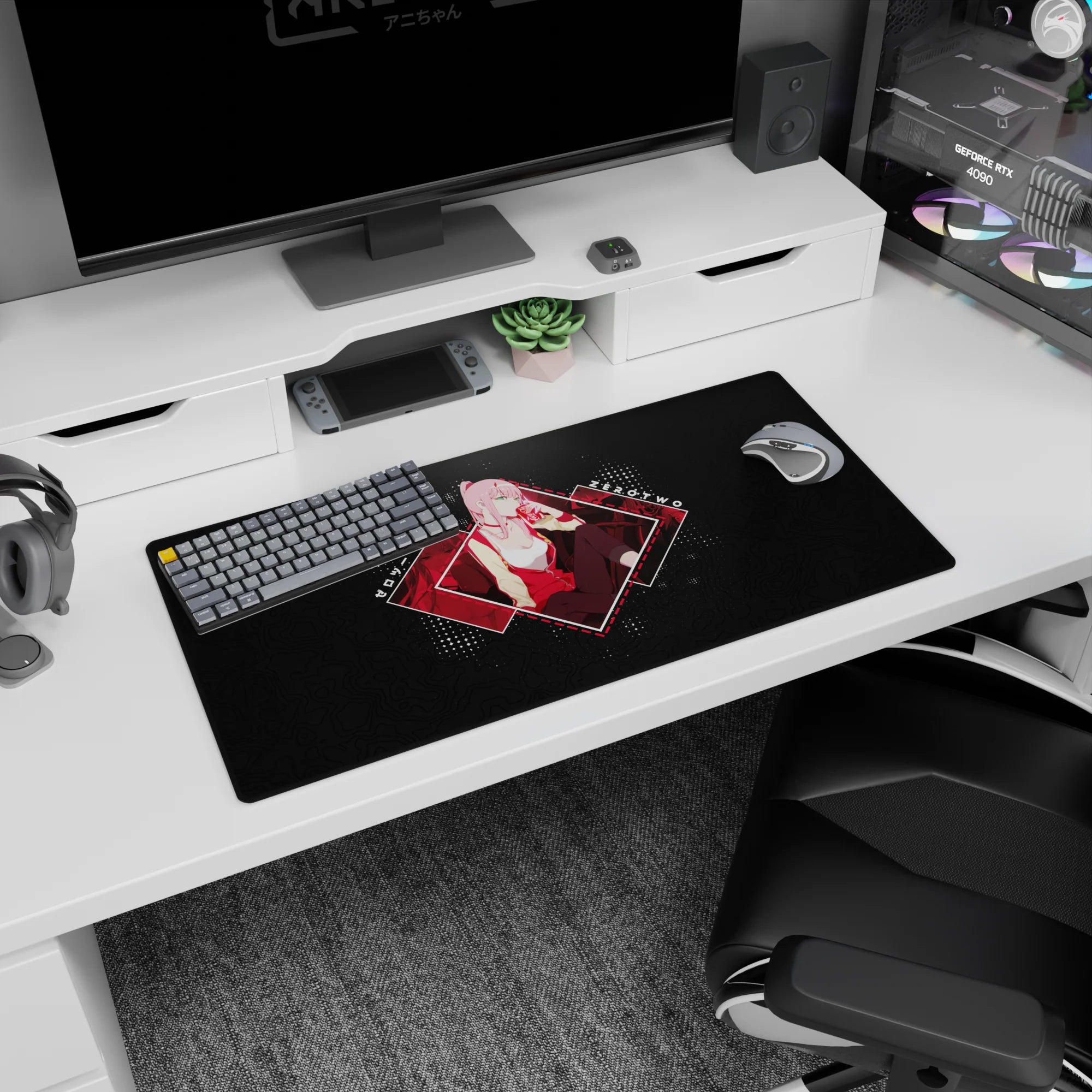 Anime mouse pad 32x16 inches featuring Zero Two from Darling in the Franxx, with neon-lit reds and pop-art style.