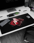 Anime desk pad 40x20 inches featuring Zero Two from Darling in the Franxx with neon red accents and dark map texture.