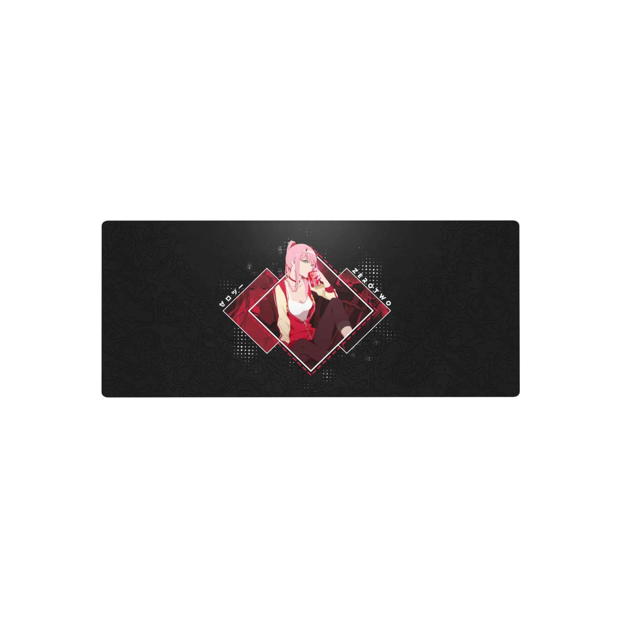 Anime mouse pad 28x12 inches featuring Zero Two from Darling in the Franxx with vibrant reds and a dark map-textured background.