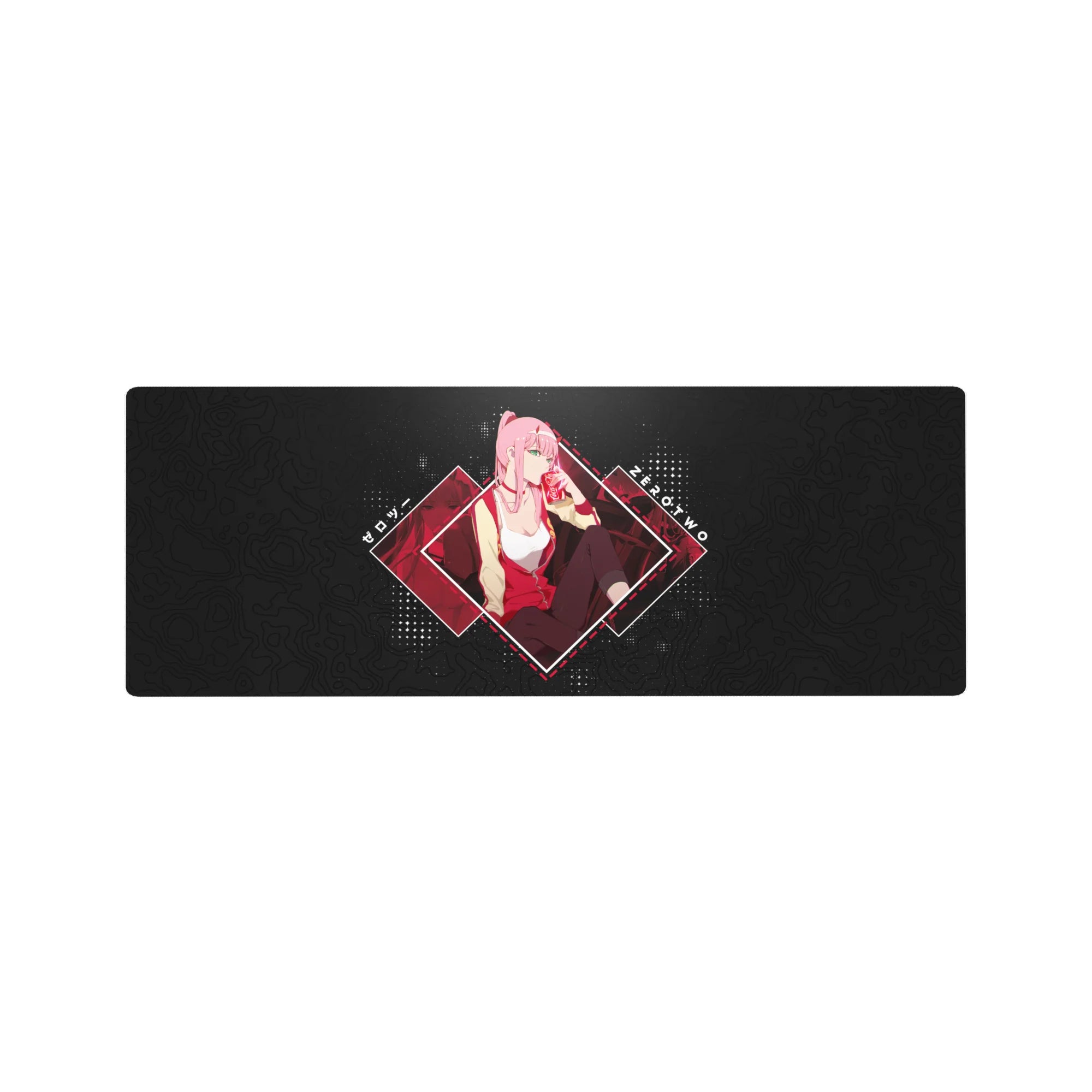 Anime mouse pad 32x12 inches featuring Zero Two from Darling in the Franxx, in vibrant reds with a dark map-textured background.