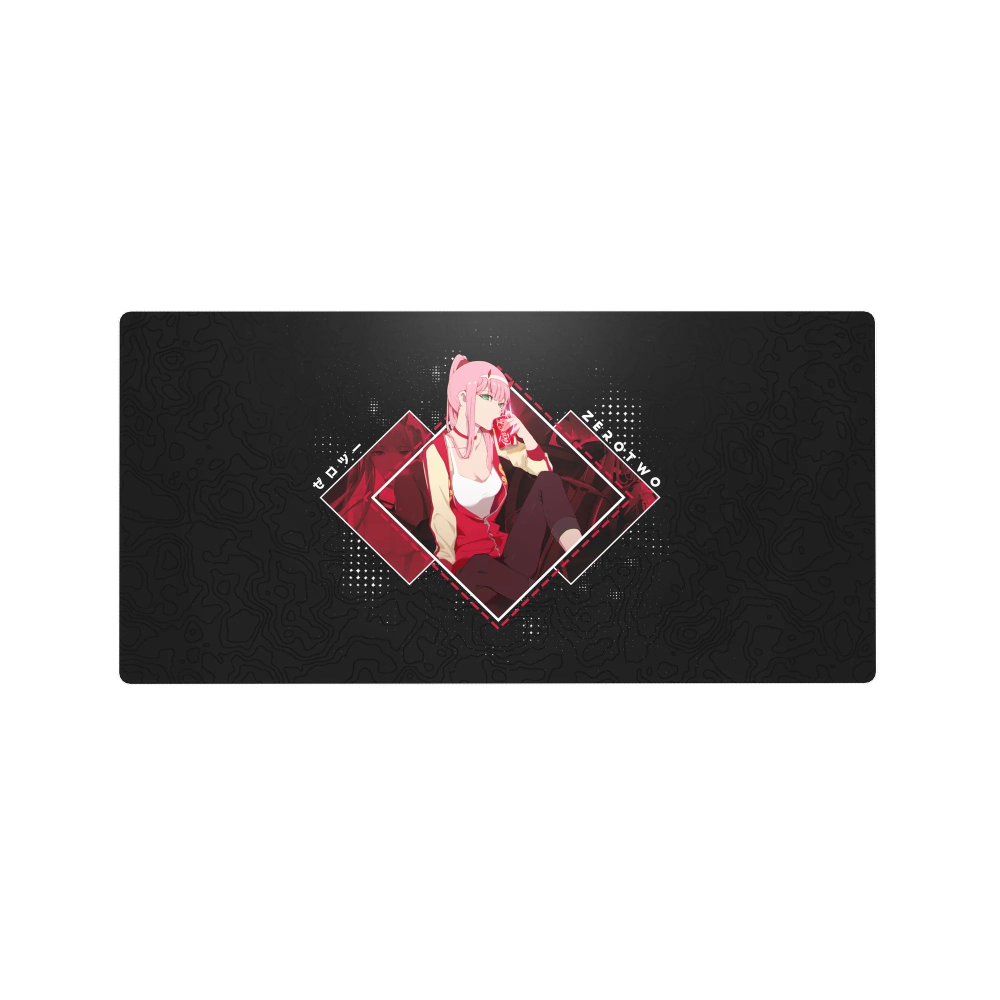 Anime mouse pad 32x16 inches, featuring Zero Two from Darling in the Franxx with red pop-art framing and dark map texture.