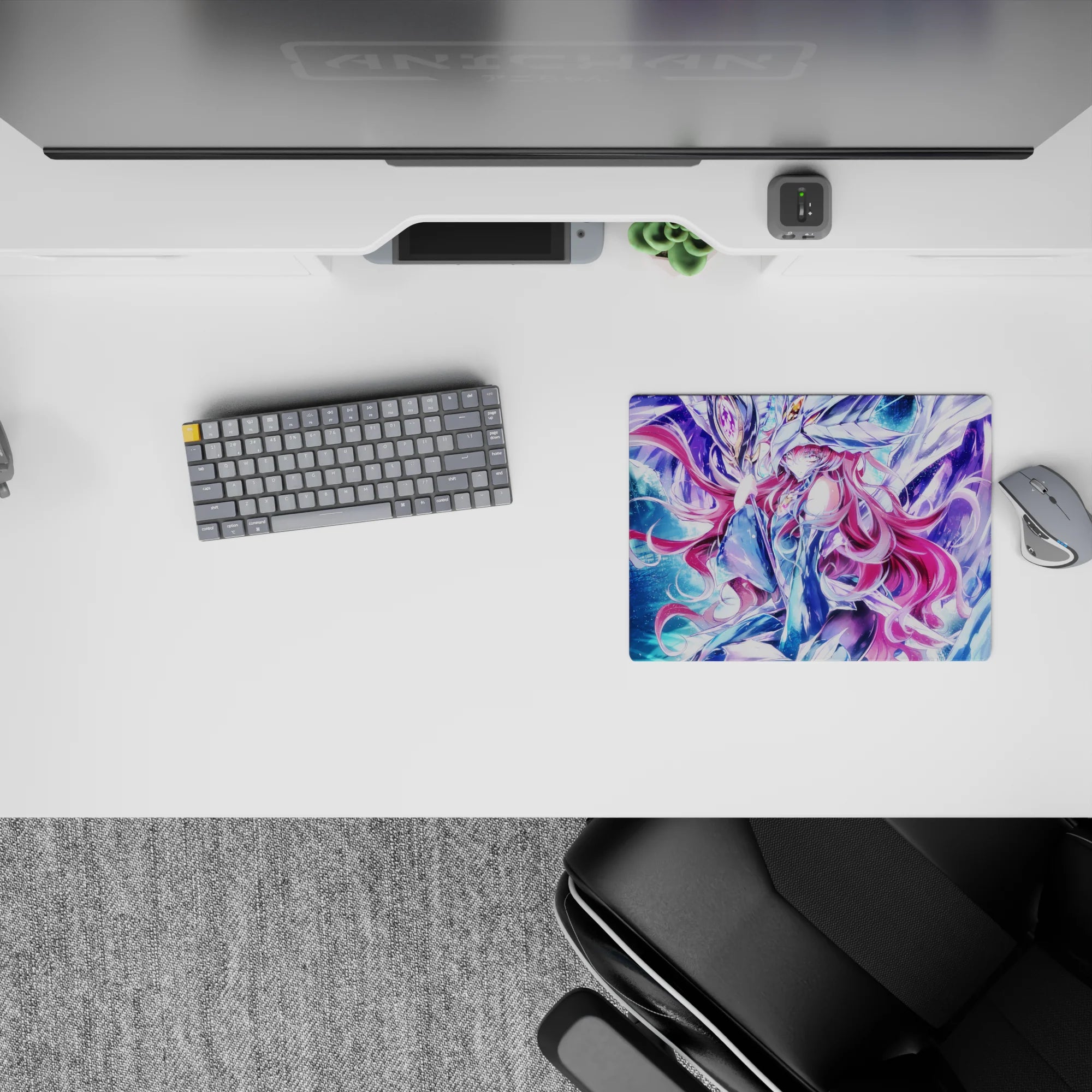 14x10 inches anime girl mouse pad in electric blues and icy purples with nebula glow and star sparks.