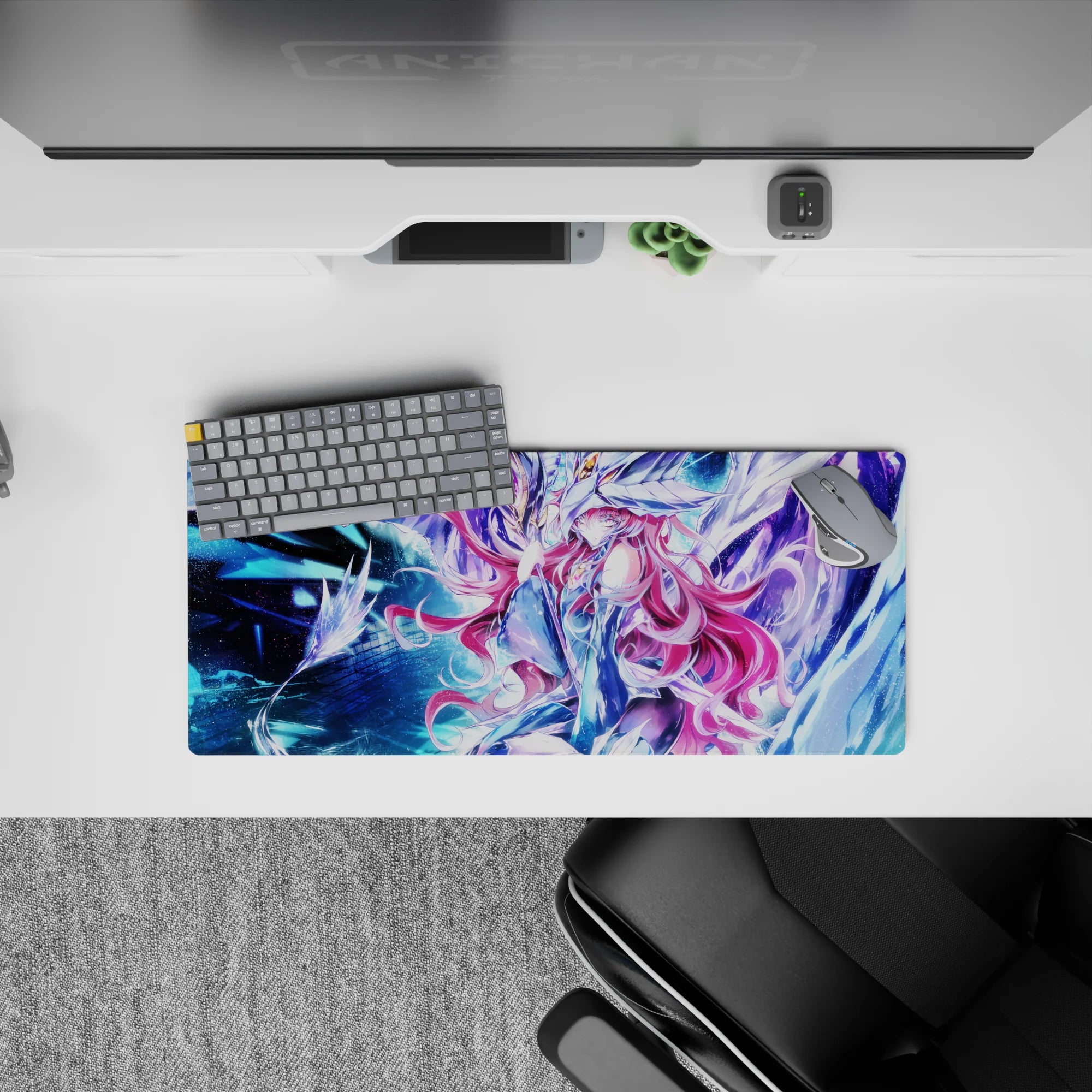 Nebula blue and purple sci-fi anime mouse pad with starry glow and dreamy vibe, 28x12 inches.