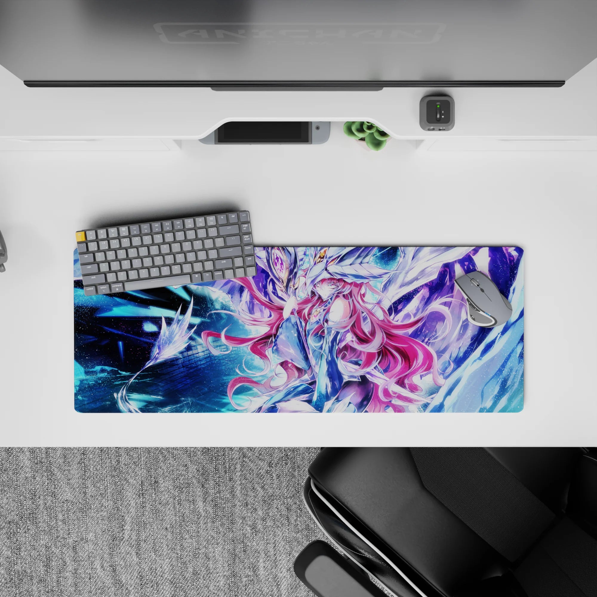 32x12 inches desk mouse pad in electric blues and icy purples, nebula glow, dreamy sci-fi vibe.
