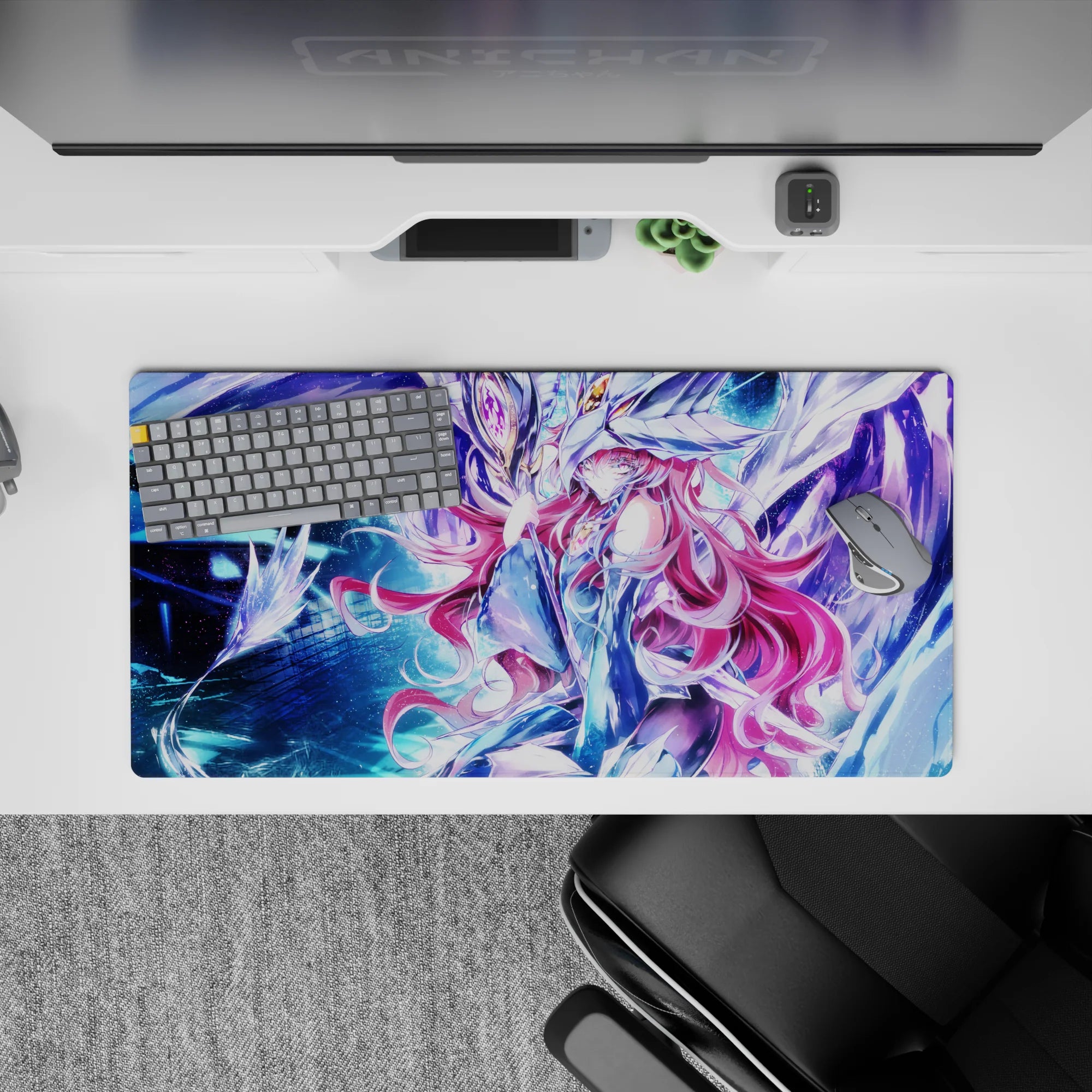 32x16 inches galaxy anime mouse pad in electric blues and icy purples, nebula glow with starry highlights.
