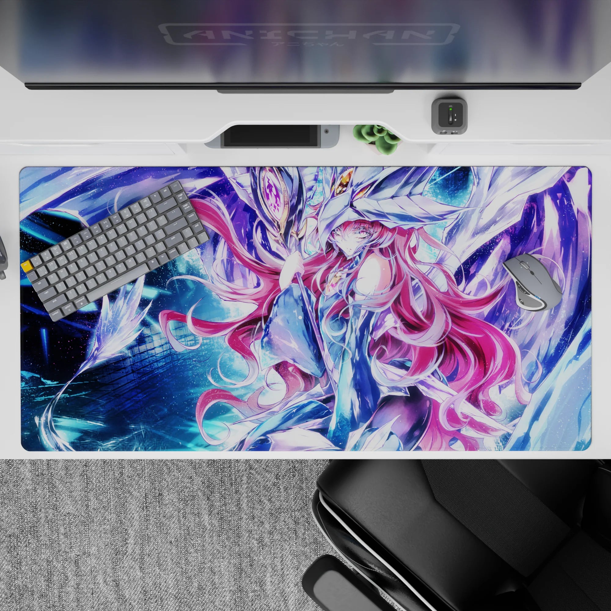 40x20 inches anime desk pad in electric blue, icy purple nebula tones with dreamy sci-fi sparkle.
