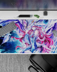40x20 inches anime desk pad in electric blue, icy purple nebula tones with dreamy sci-fi sparkle.