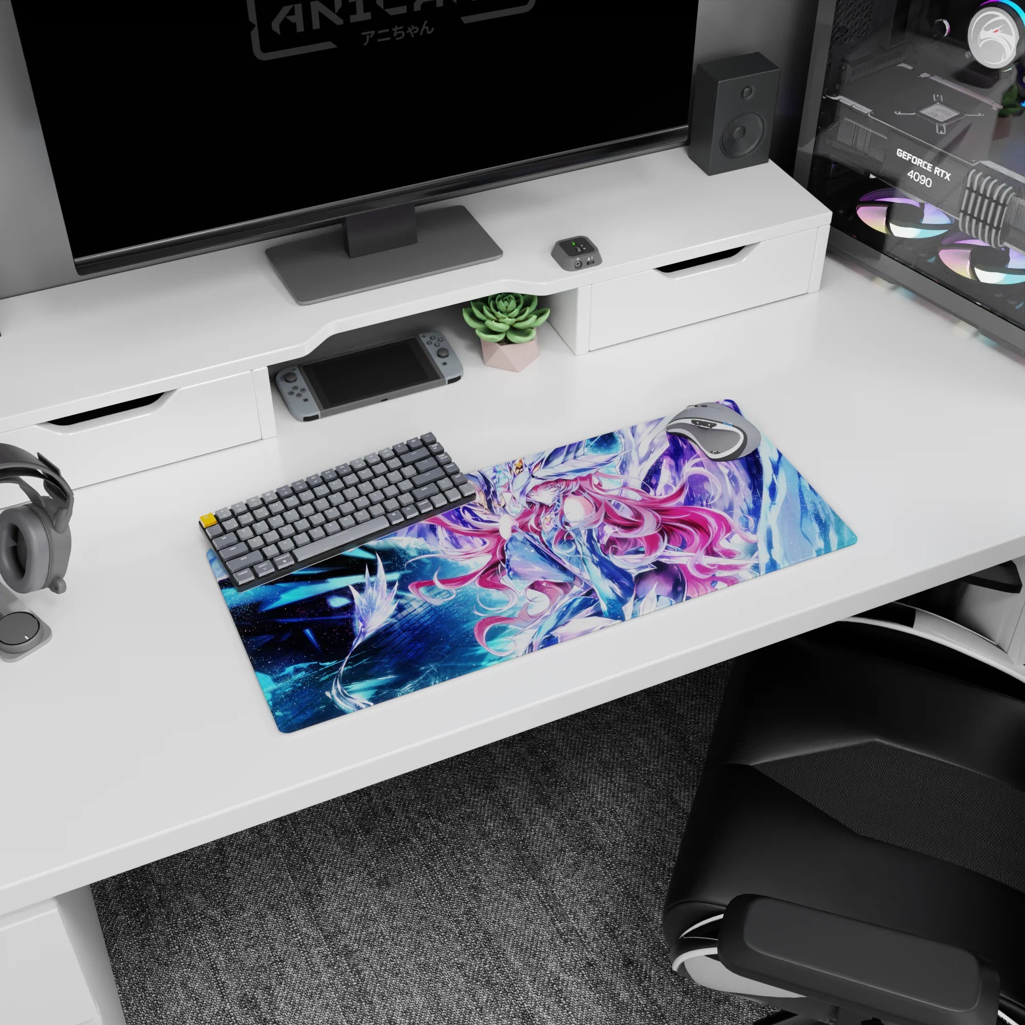 Pink-haired anime girl in sleek armor beside radiant mecha guardian mouse pad, 28x12 inches.