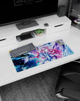Pink-haired anime girl in sleek armor beside radiant mecha guardian mouse pad, 28x12 inches.