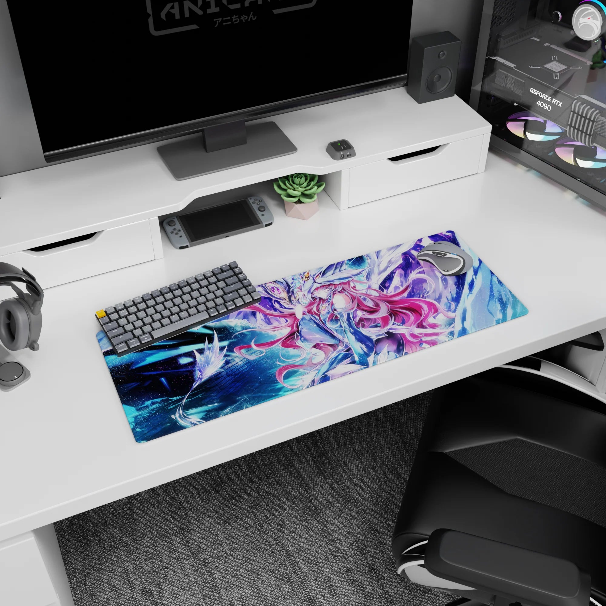 32x12 inches extended mouse pad showing pink-haired anime girl in white armor beside radiant mech.