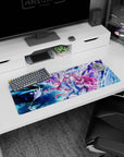 32x12 inches extended mouse pad showing pink-haired anime girl in white armor beside radiant mech.
