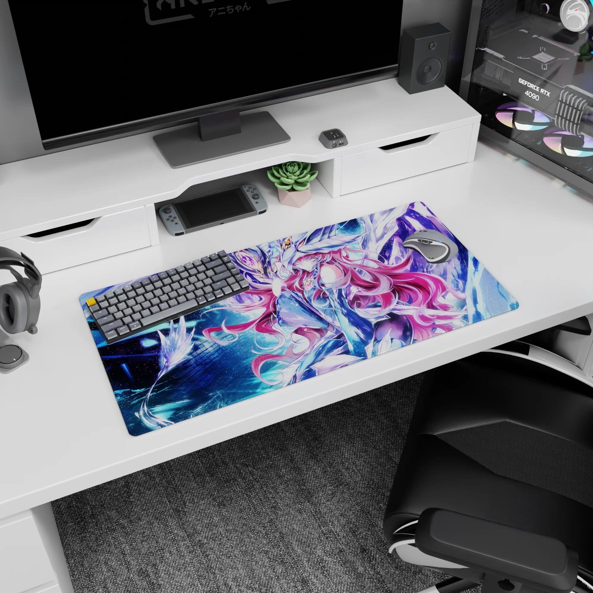 32x16 inches desk mouse pad showing pink-haired armored anime girl beside a radiant mecha guardian.