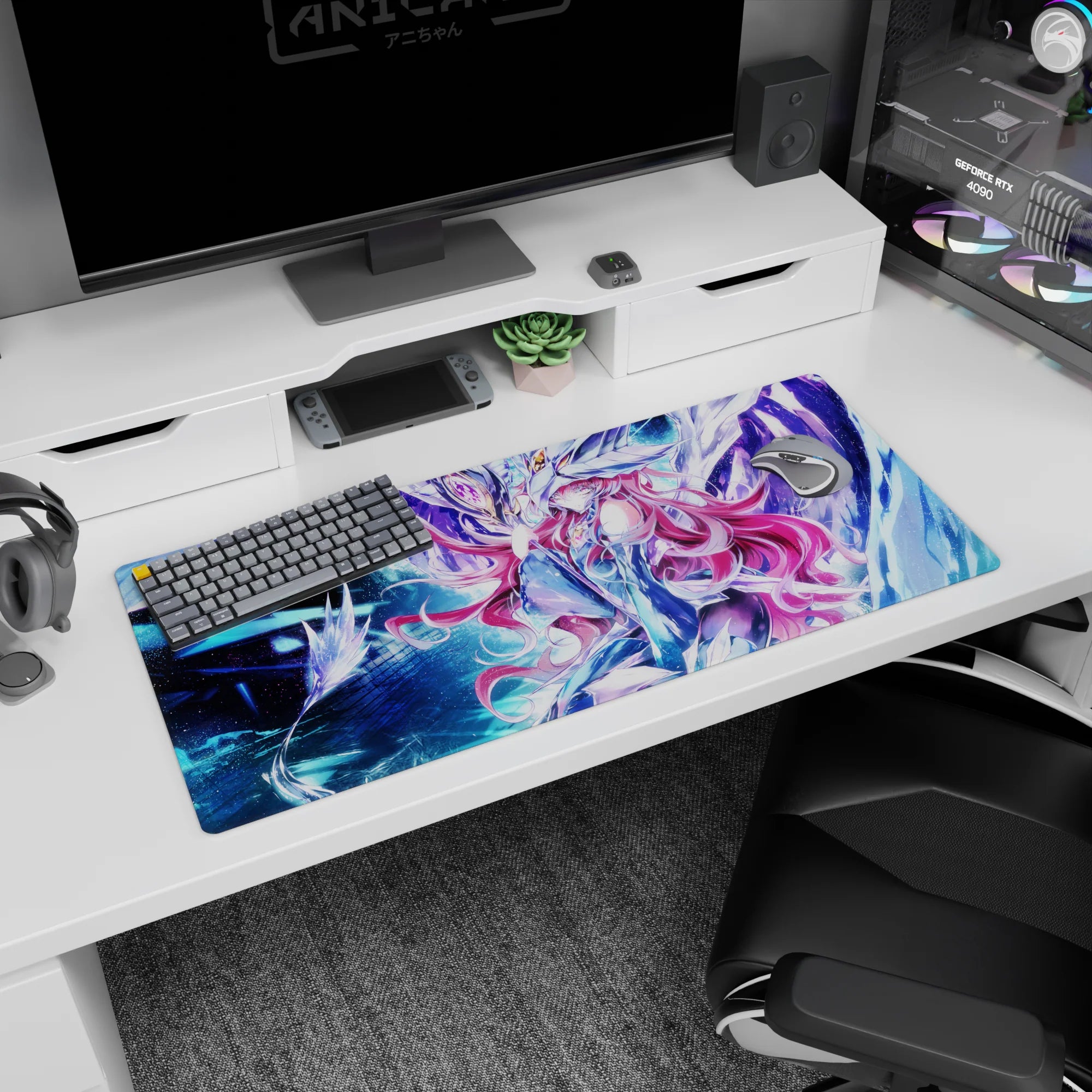 36x16 inches anime girl desk pad showing a pink-haired warrior in white armor beside a glowing mecha guardian.