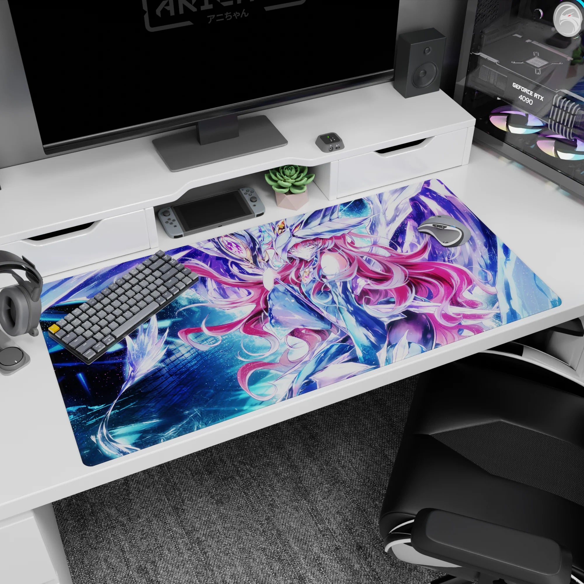 40x20 inches desk pad showing pink-haired armored anime girl beside radiant mecha in a starry galaxy.