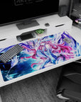 40x20 inches desk pad showing pink-haired armored anime girl beside radiant mecha in a starry galaxy.