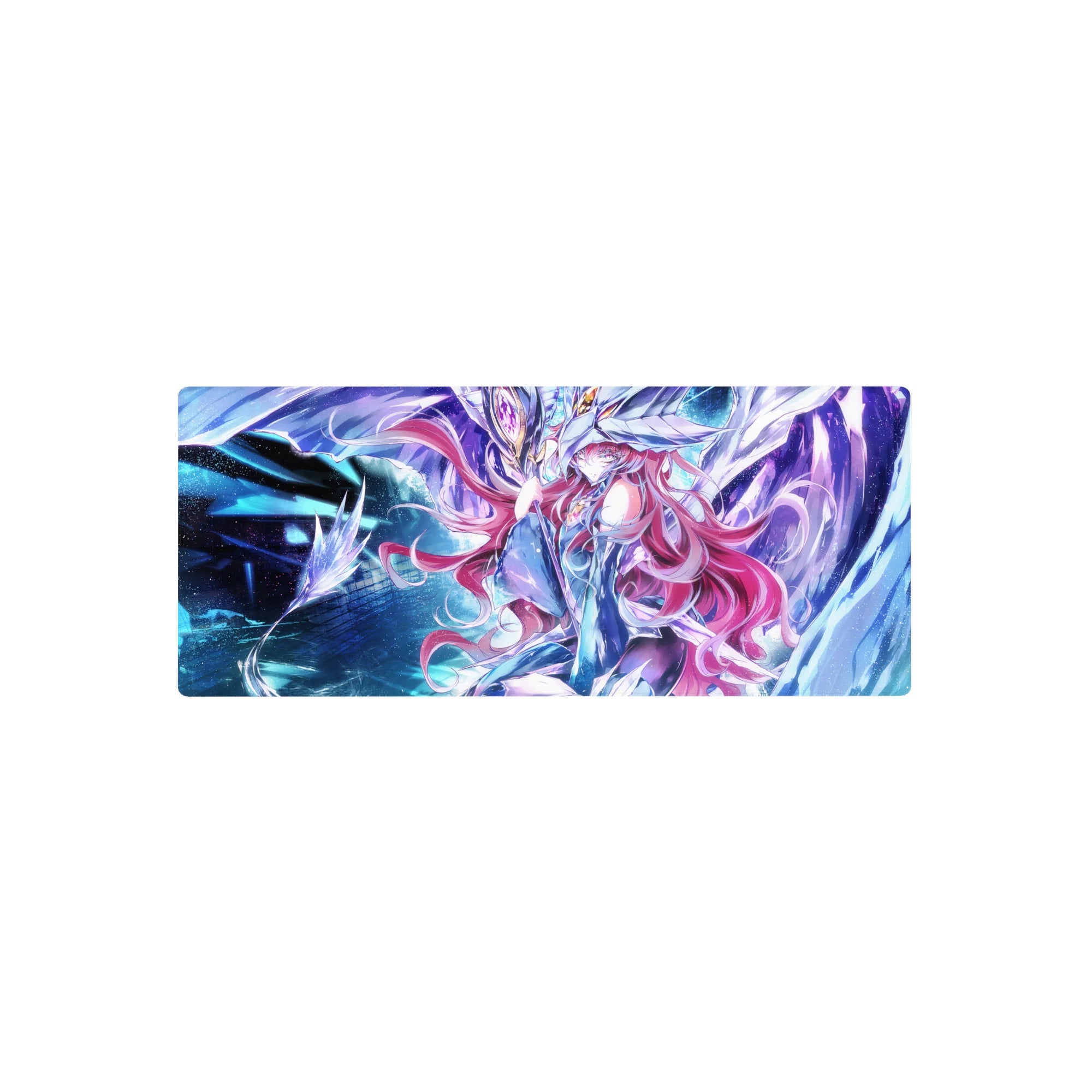Anime girl mecha galaxy desk mouse pad, pink-haired heroine in white armor, 28x12 inches.
