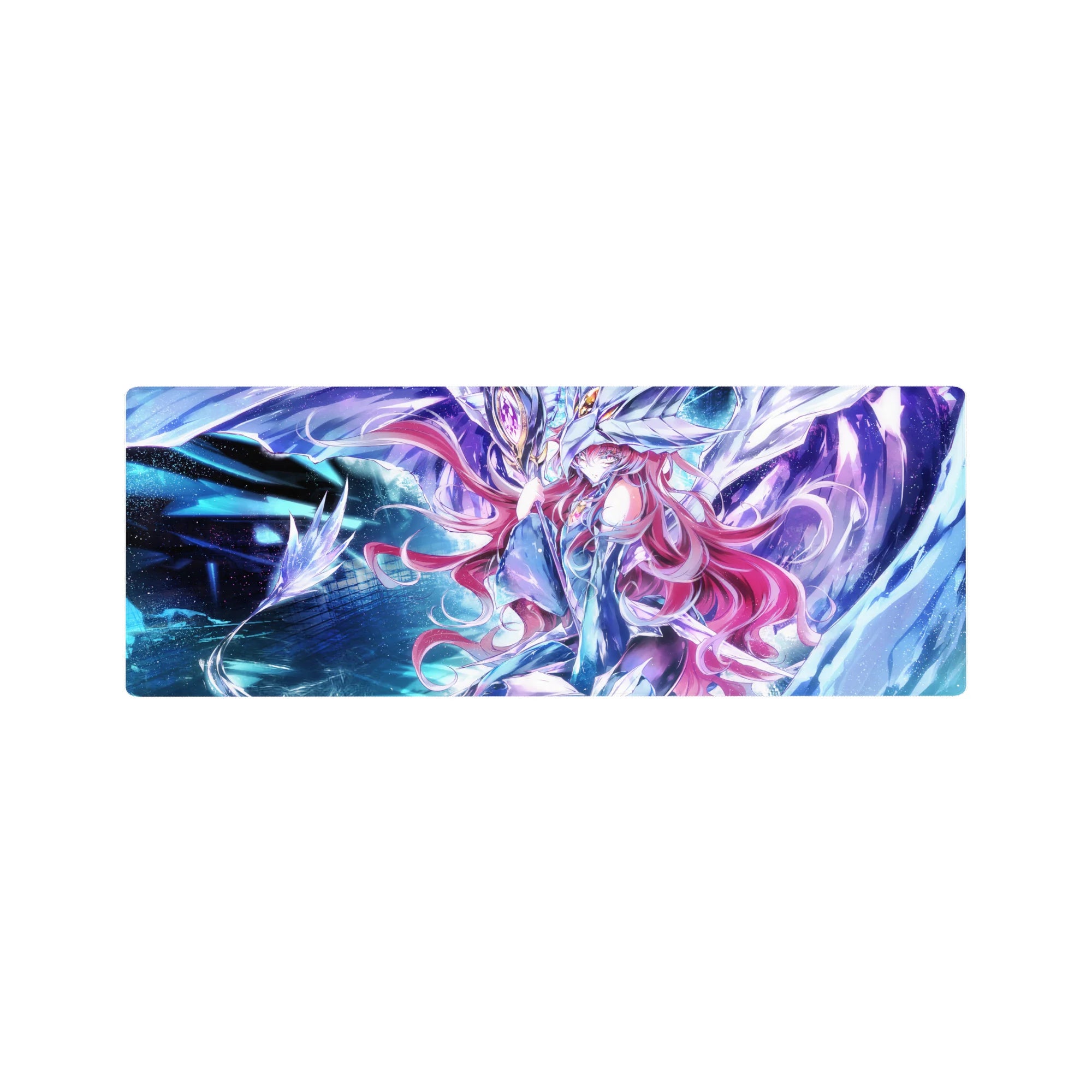 32x12 inches anime girl mouse pad with pink-haired armored heroine and glowing mecha guardian.