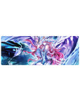 32x12 inches anime girl mouse pad with pink-haired armored heroine and glowing mecha guardian.