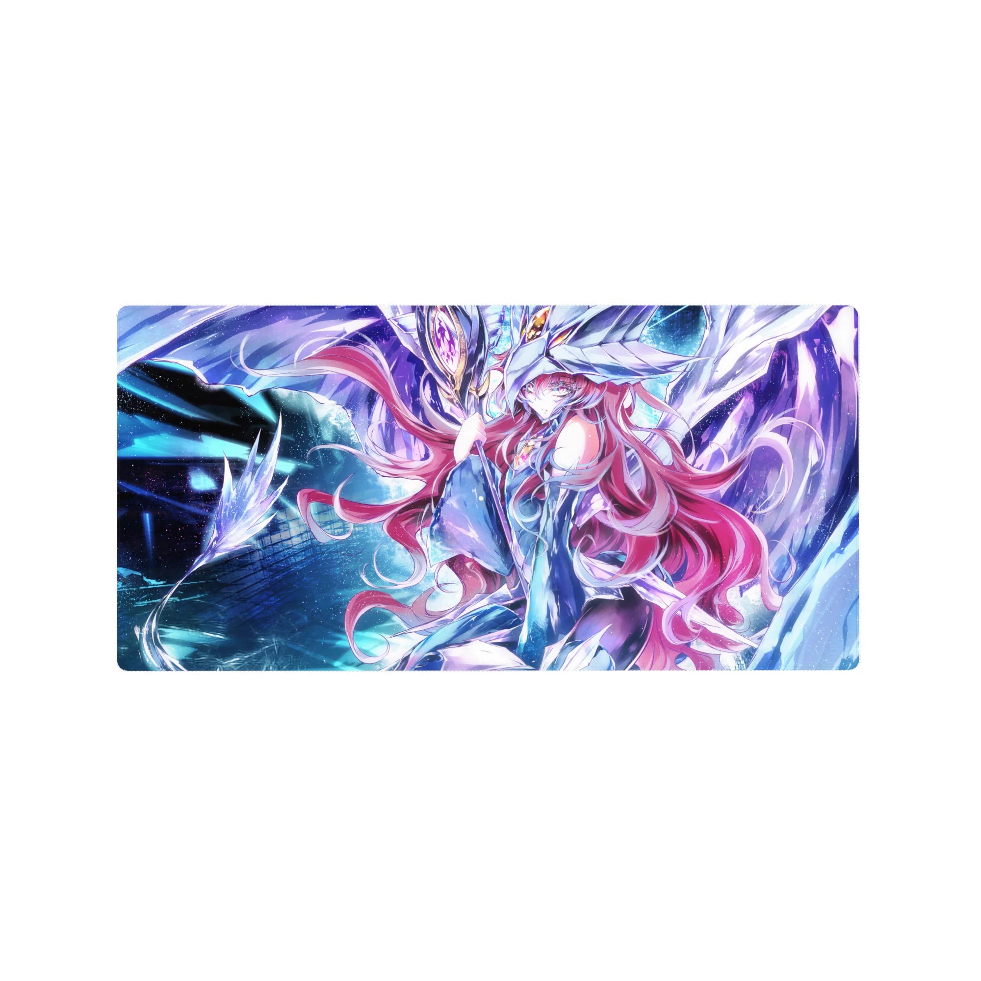32x16 inches anime girl mouse pad with pink-haired heroine in white armor and glowing mecha, sci-fi art.