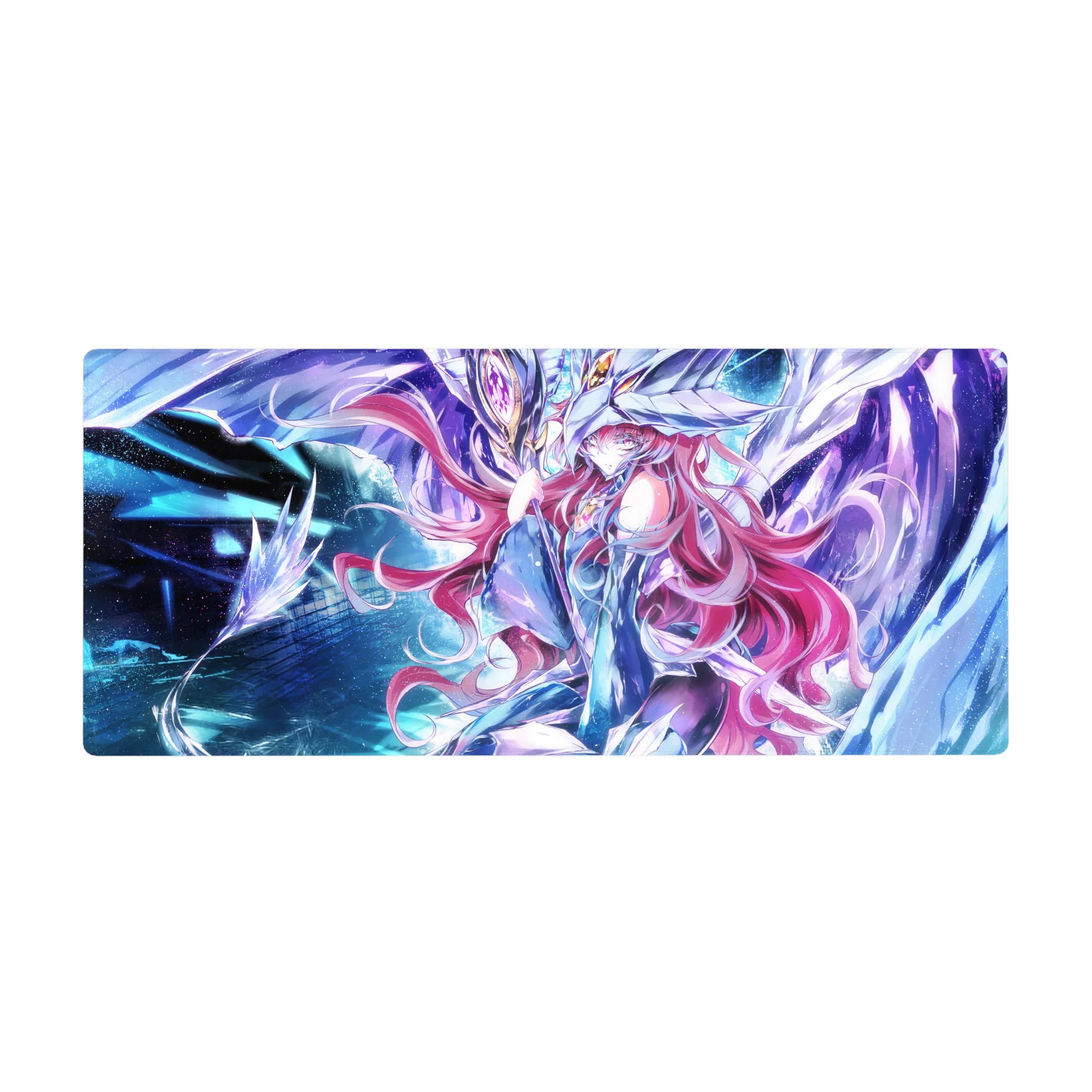 36x16 inches anime girl desk pad with pink-haired heroine and radiant mecha in sleek sci-fi armor art.