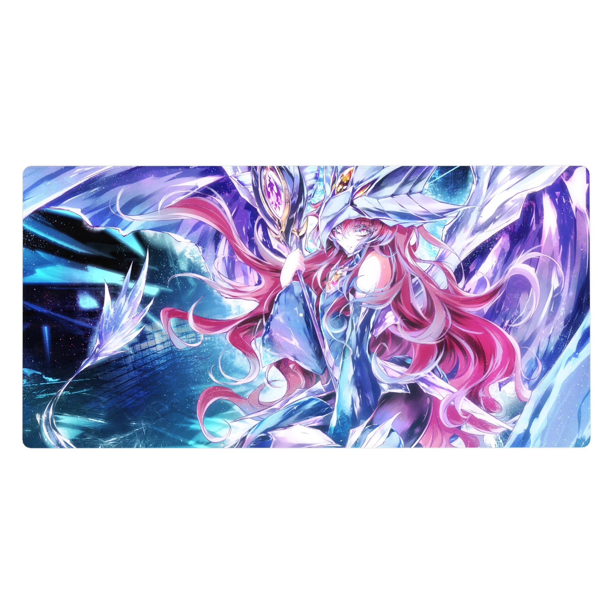 40x20 inches anime girl desk pad with pink-haired heroine in white armor and glowing mecha guardian.
