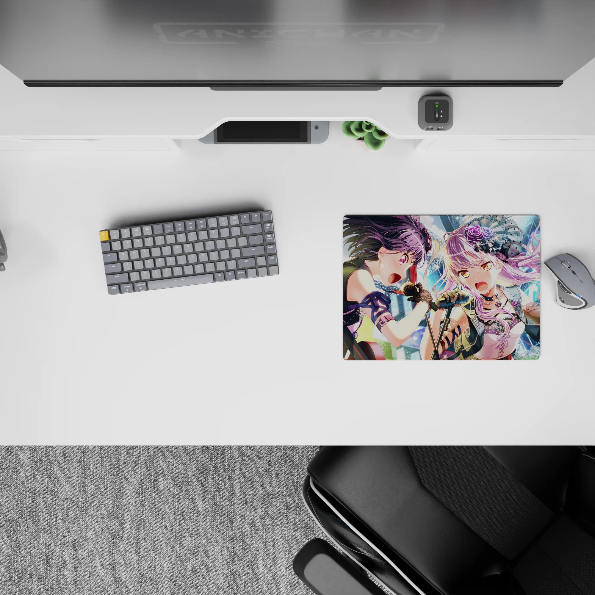 14x10 inches anime girl mouse pad in pastel lavender and deep violet, neon sparkles, high-energy concert vibe.