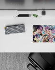 14x10 inches anime girl mouse pad in pastel lavender and deep violet, neon sparkles, high-energy concert vibe.