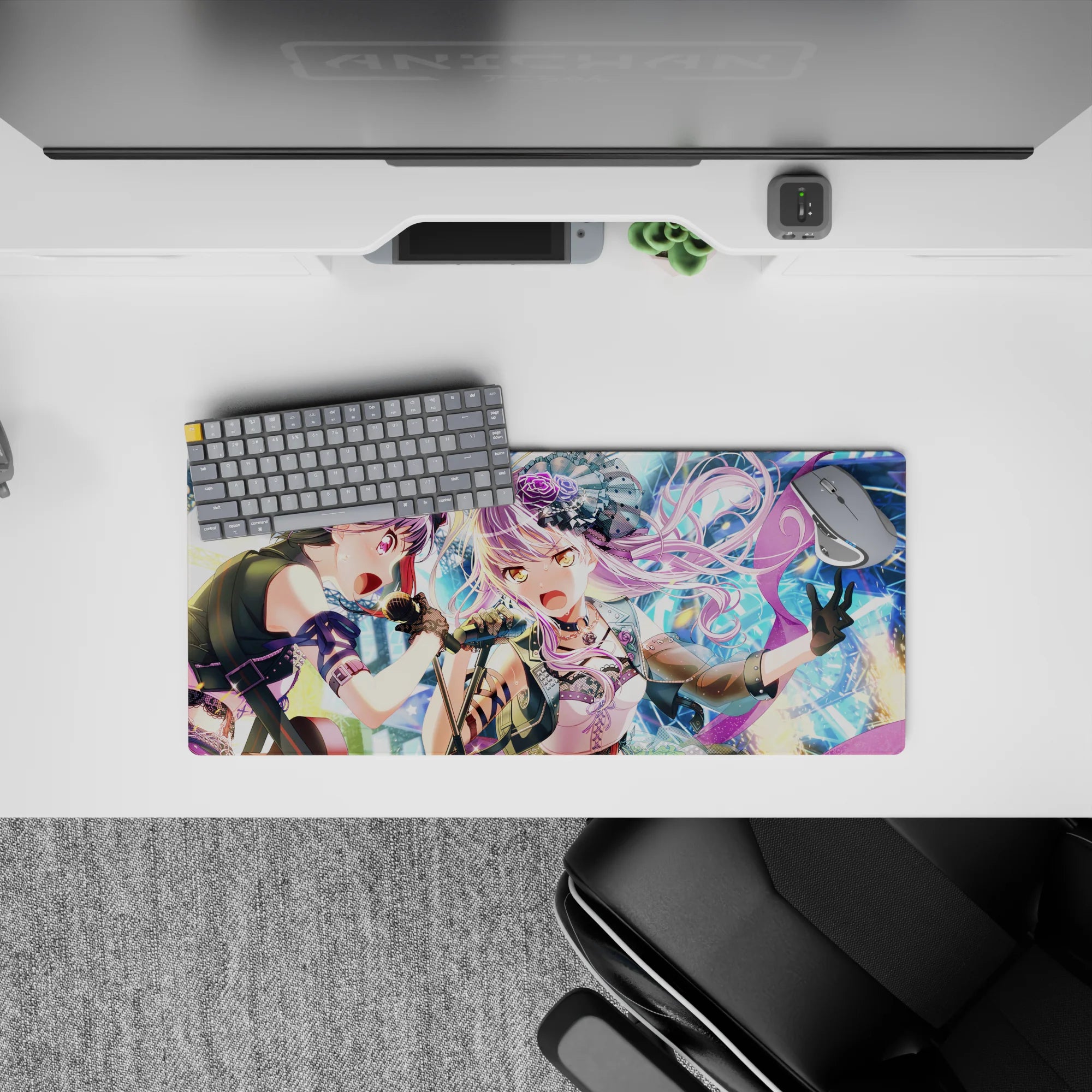 28x12 inches anime girl mouse pad in pastel lavender and deep violet, bright concert vibe with sparkling lights.