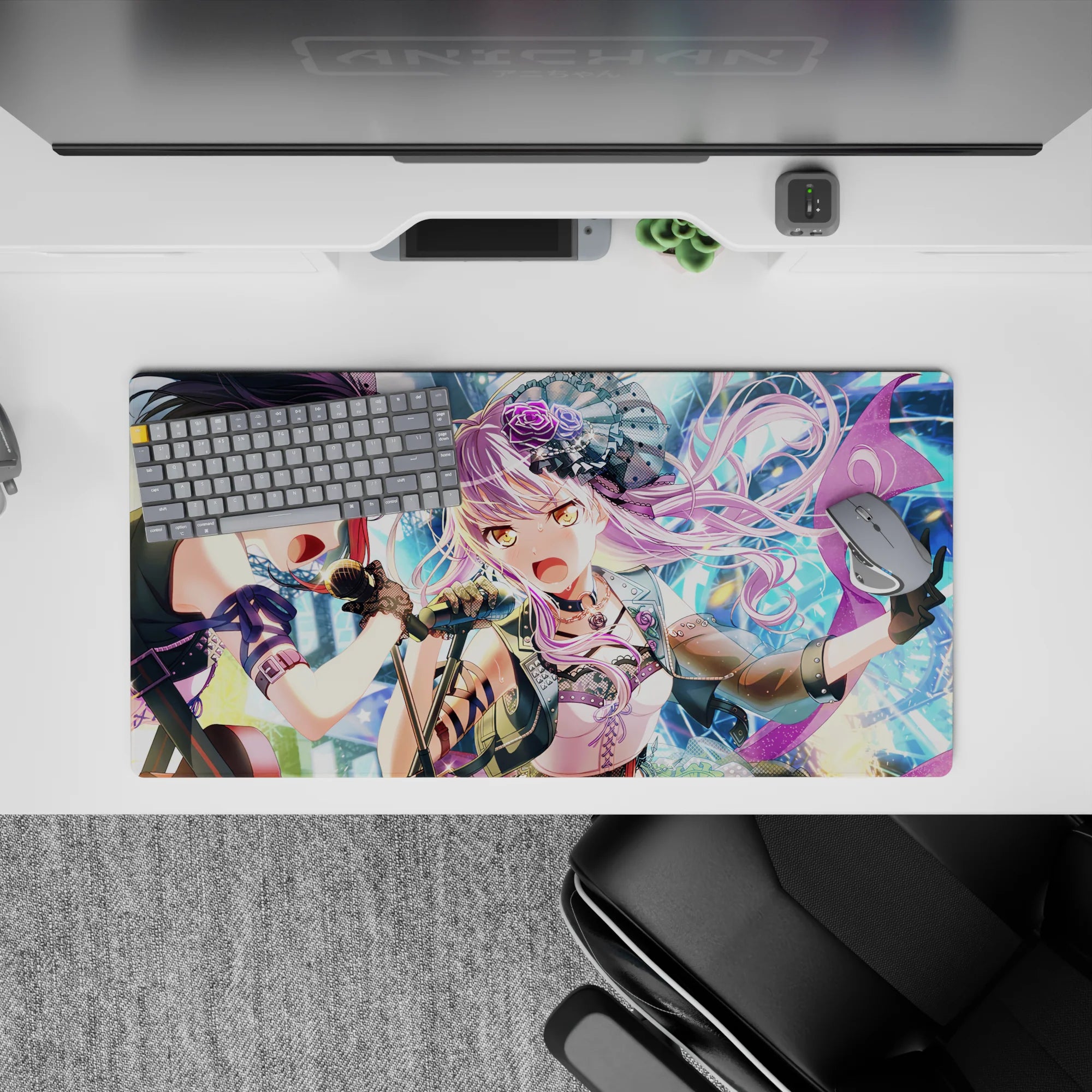 32x16 inches pastel lavender and deep violet anime idol mouse pad, loud concert vibe with sparkling lights.