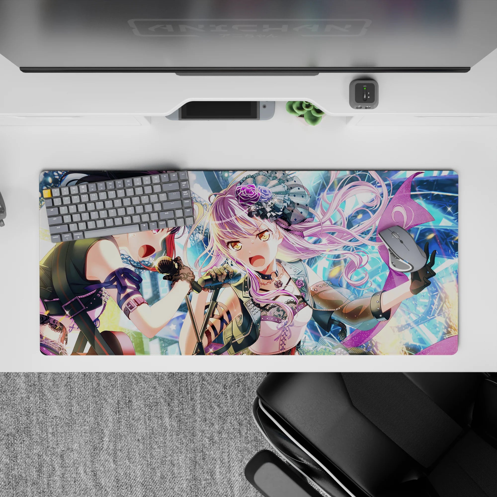 36x16 inches pastel lavender and deep violet idol mouse pad, high-energy concert vibe with sparkling neon lights.