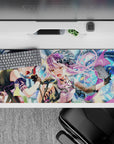 36x16 inches pastel lavender and deep violet idol mouse pad, high-energy concert vibe with sparkling neon lights.