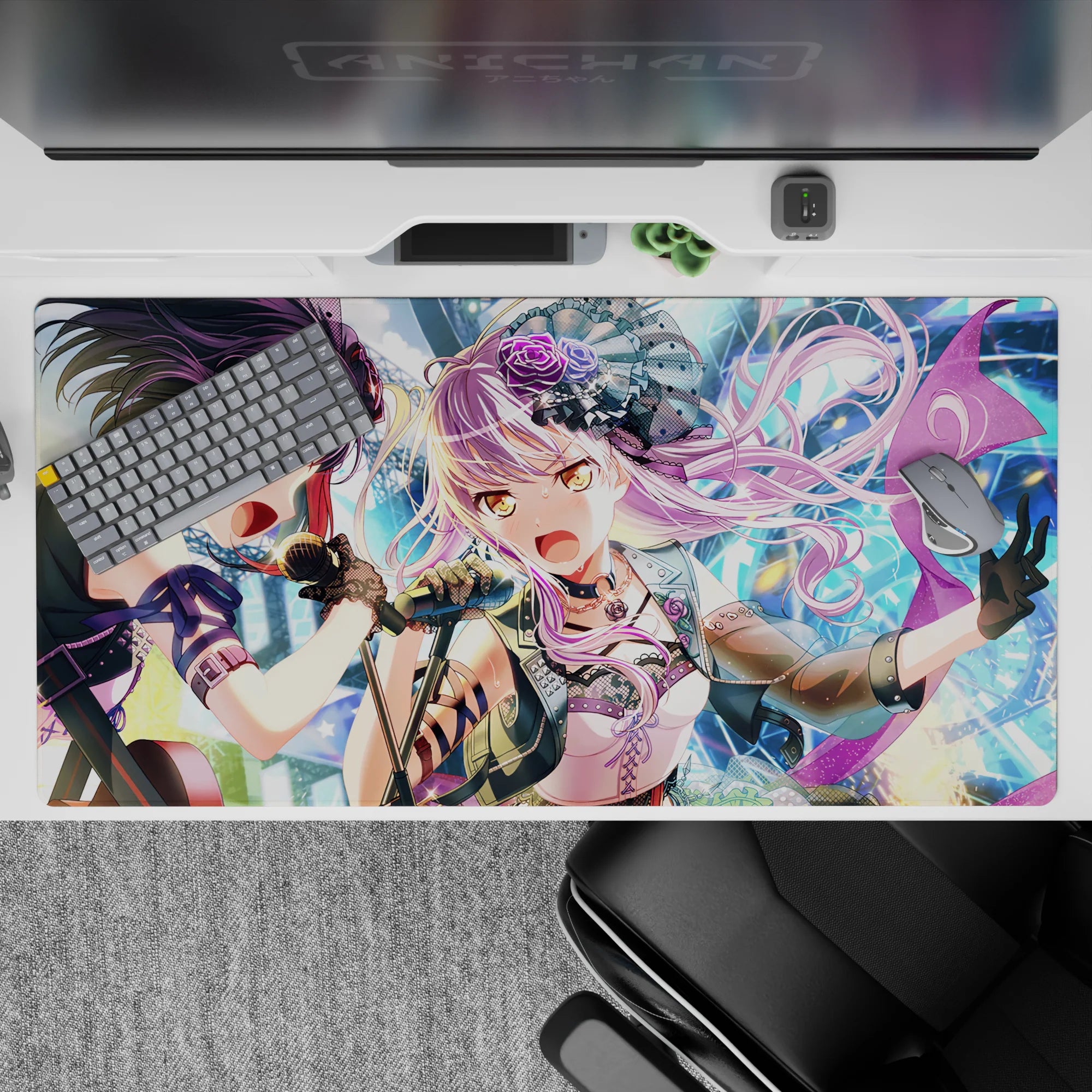40x20 inches pastel concert mouse pad in lavender and violet tones, sparkling neon lights, high-energy vibe.