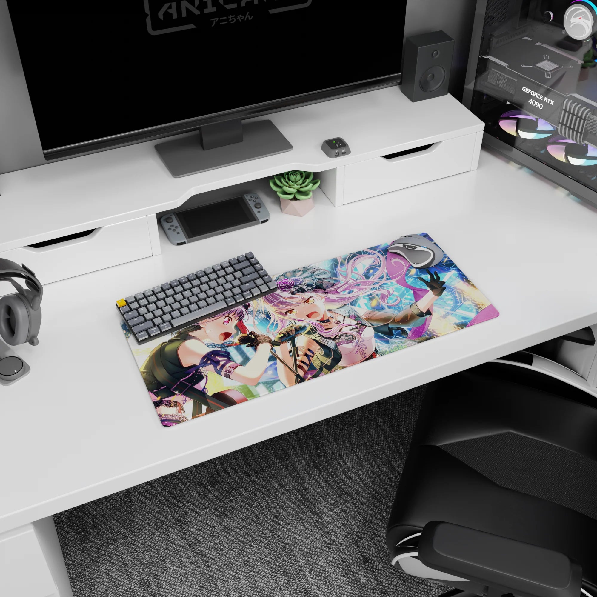 28x12 inches anime girl mouse pad showing two idols singing into mics, lavender hair with mini hat and violet glare.
