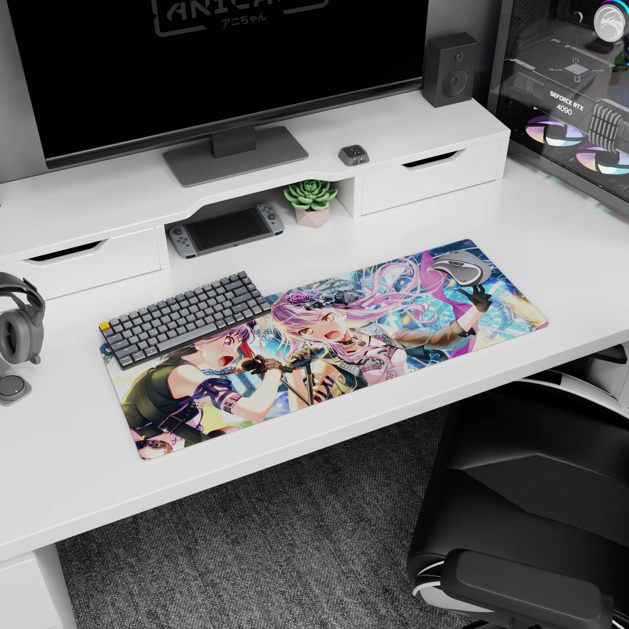 32x12 inches extended mouse pad showing two anime idols singing into mics, lavender hair and violet hair.