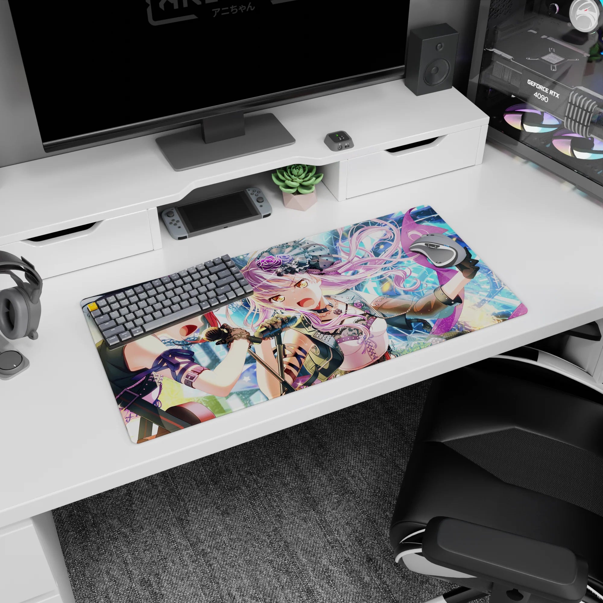 32x16 inches anime mouse pad showing two idols singing into mics, lavender hair with mini hat and violet glare.