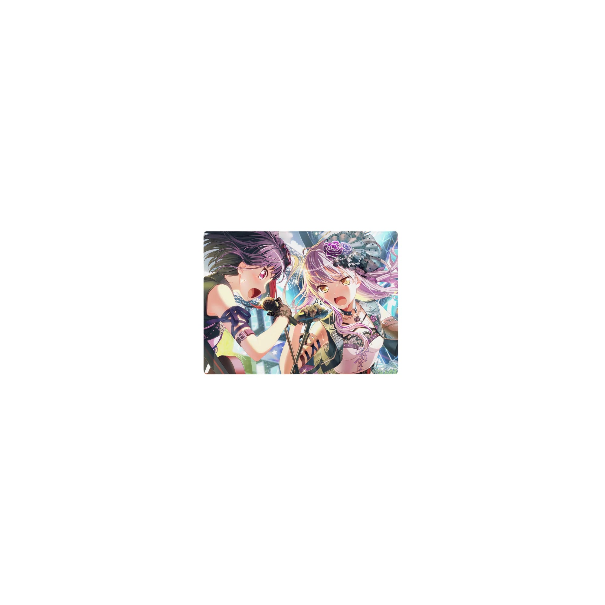 Classic anime girl mouse pad 14x10 inches with two idol singers, lace hat, frills, studs, and confetti.