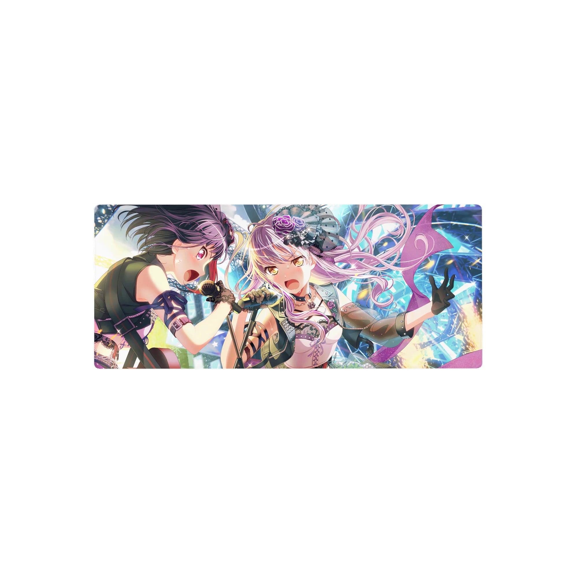 28x12 inches anime girl mouse pad with two idol singers, neon confetti, studded jacket, and frilly skirts.