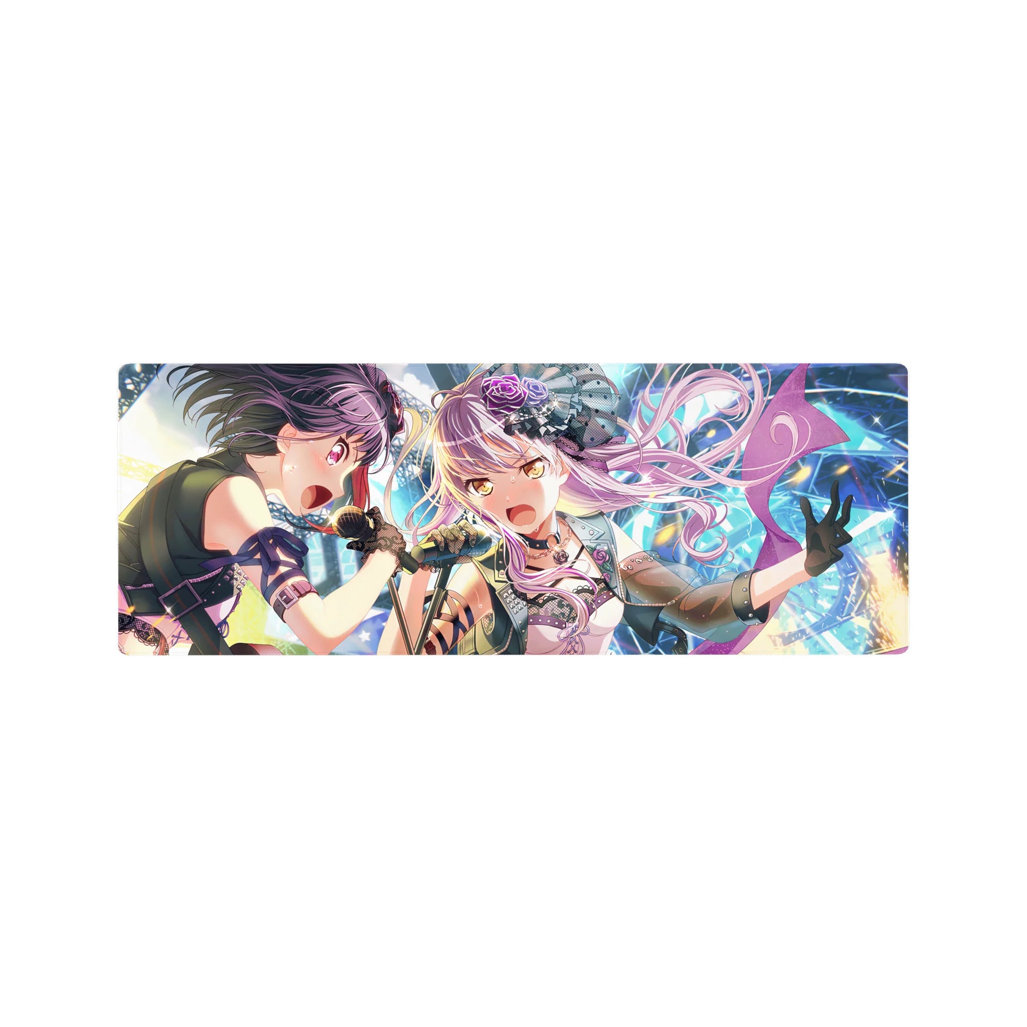32x12 inches anime girl mouse pad with two idol singers, neon confetti, frills, gloves, and studded jacket.