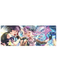 32x12 inches anime girl mouse pad with two idol singers, neon confetti, frills, gloves, and studded jacket.