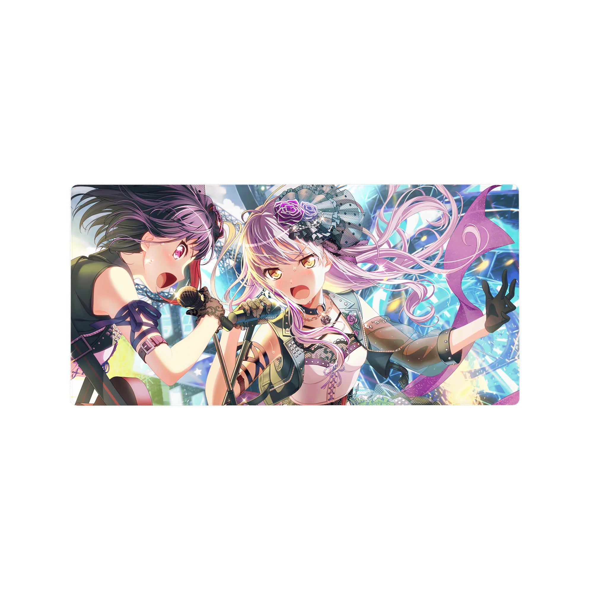 32x16 inches anime girl mouse pad with two idol singers, studded jacket, frilly skirt, neon confetti stage.