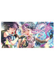 32x16 inches anime girl mouse pad with two idol singers, studded jacket, frilly skirt, neon confetti stage.