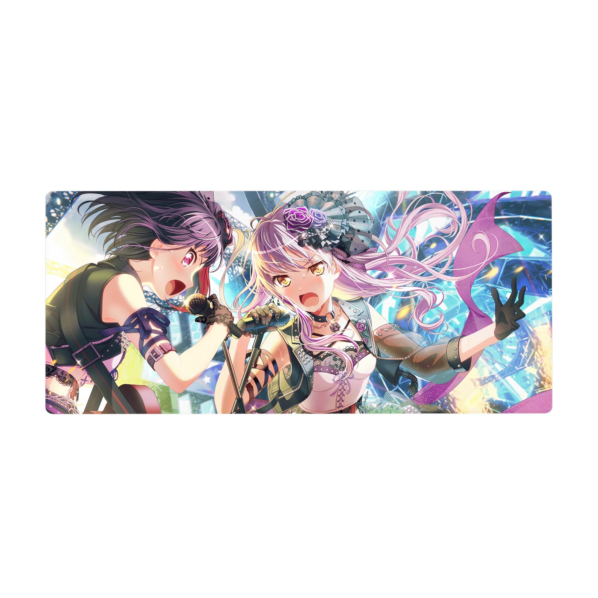 36x16 inches anime girl desk pad with two idol singers, neon confetti, studded jacket and frilly skirt art.