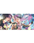 36x16 inches anime girl desk pad with two idol singers, neon confetti, studded jacket and frilly skirt art.