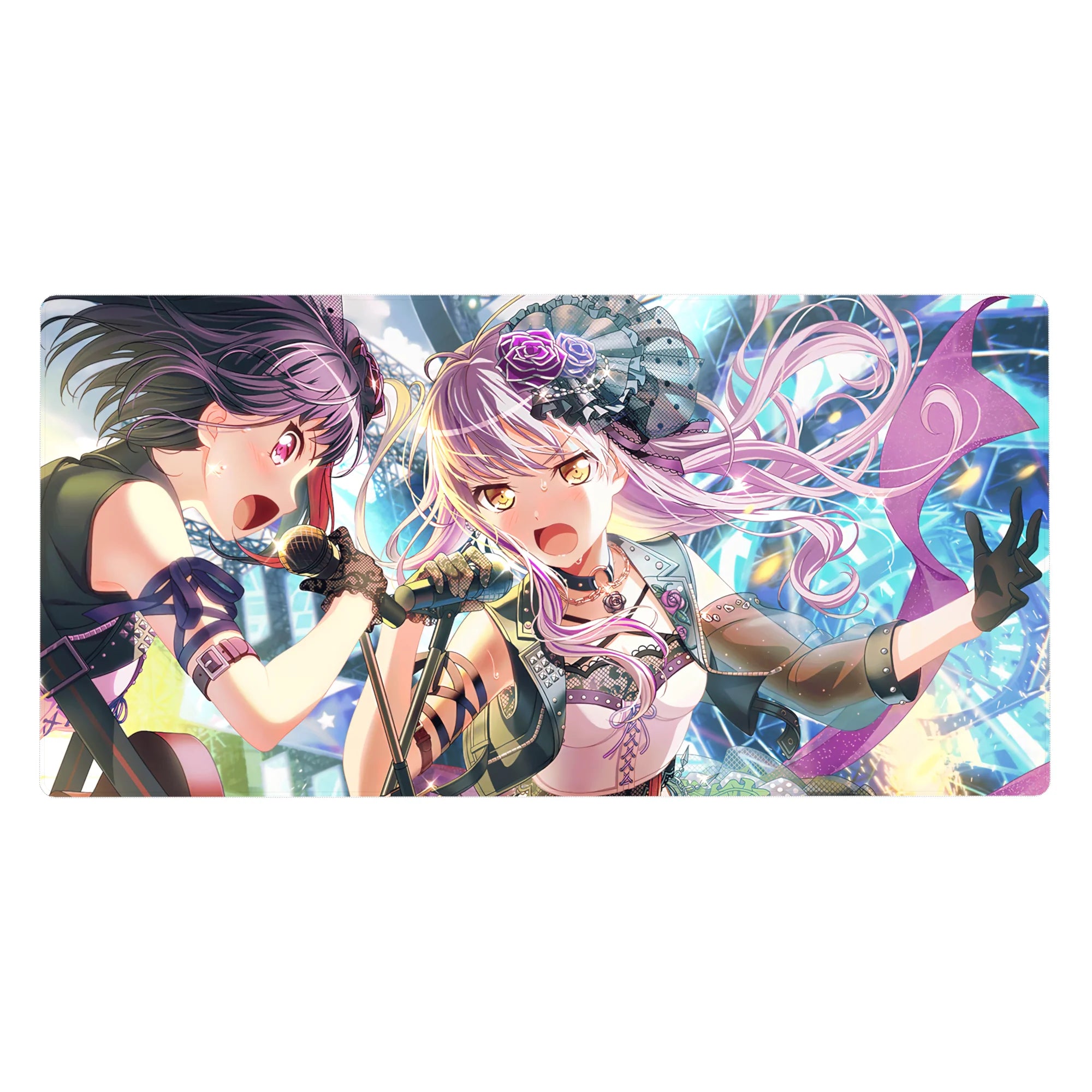40x20 inches anime girl desk pad with two idol singers, neon confetti, studded jacket and frilly skirts.