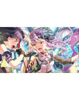 40x20 inches anime girl desk pad with two idol singers, neon confetti, studded jacket and frilly skirts.