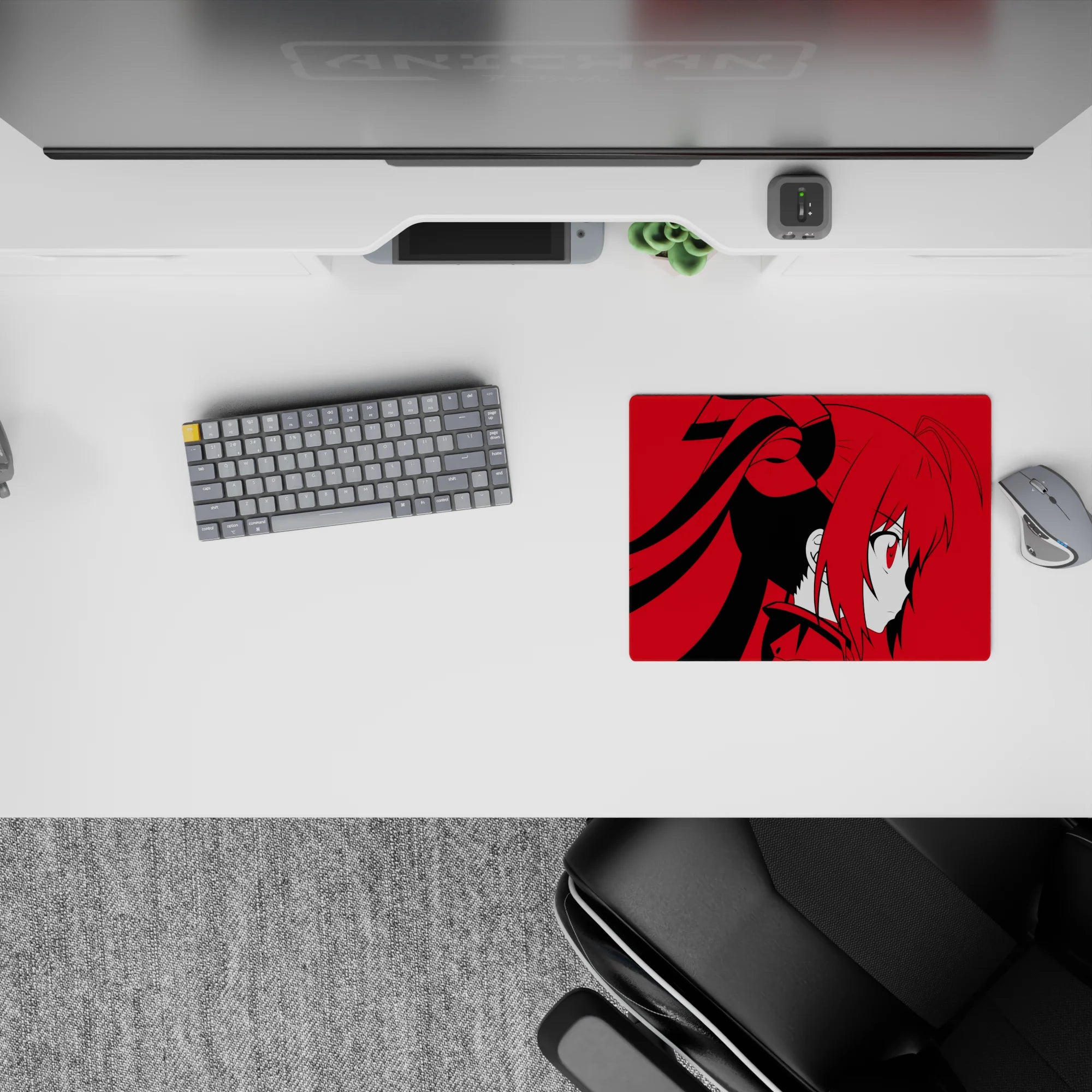 Crimson-and-black anime mouse pad 14x10 inches, dramatic minimal palette and calm, daring vibe.