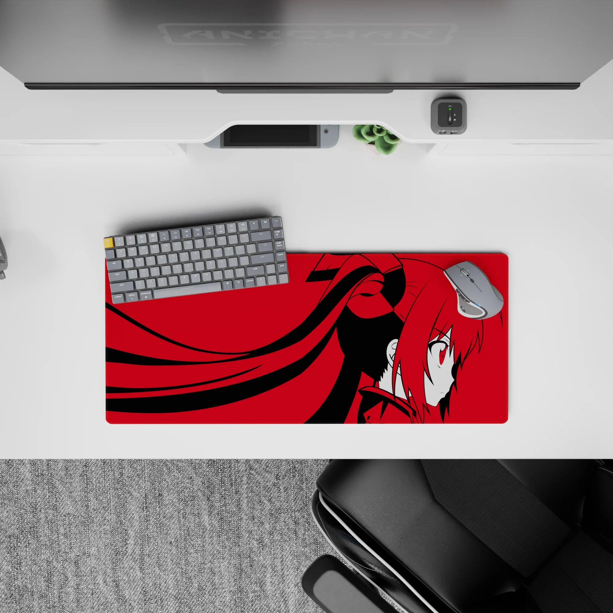 Dramatic red-and-black anime mouse pad 28x12 inches, minimalist palette with sharp lines and calm vibe.