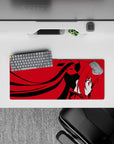 Dramatic red-and-black anime mouse pad 28x12 inches, minimalist palette with sharp lines and calm vibe.