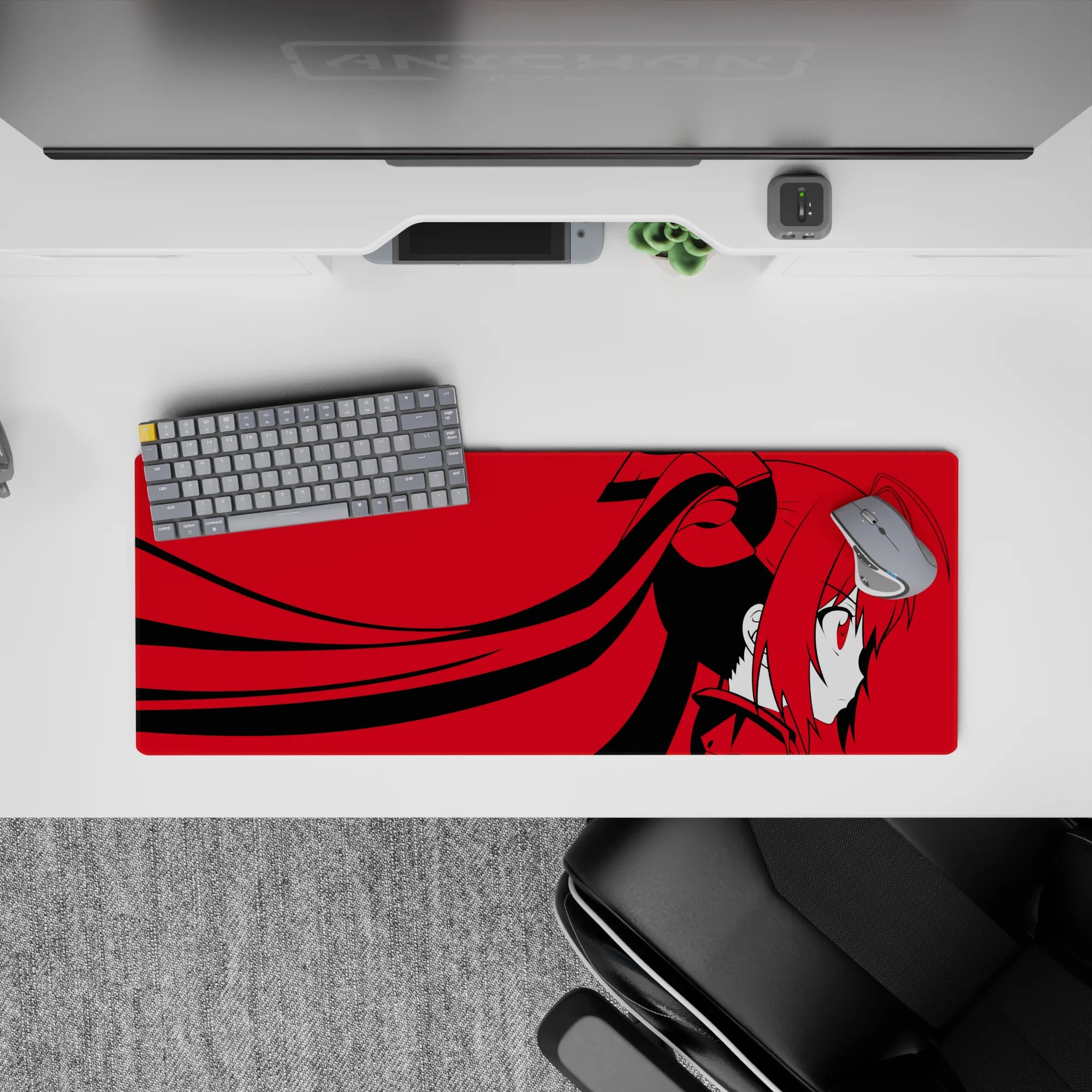 32x12 inches crimson and black anime desk mouse pad with bold minimal palette and dramatic calm mood.